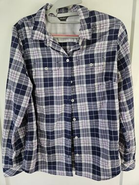 Eddie Bauer Navy Blue Plaid Lightweight Button Down Shirt